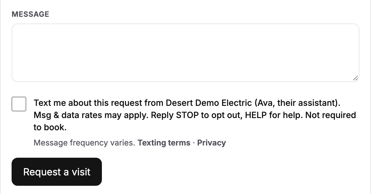 A shop's request form with the optional, unticked box reading: Text me about this request from the shop, Msg and data rates may apply, Reply STOP to opt out, HELP for help, Not required to book.