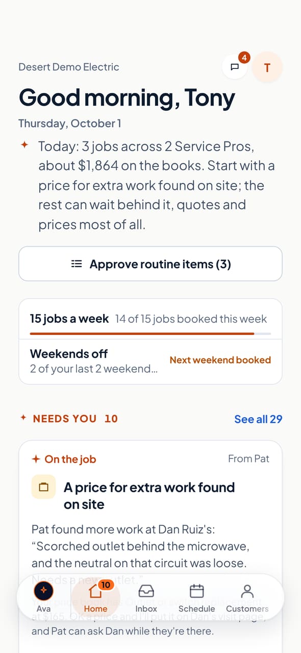 The Aestar app on a phone, open on Today: Ava sums up the day, a button to approve the routine items, the owner's goals and what needs an answer first. Example shop.