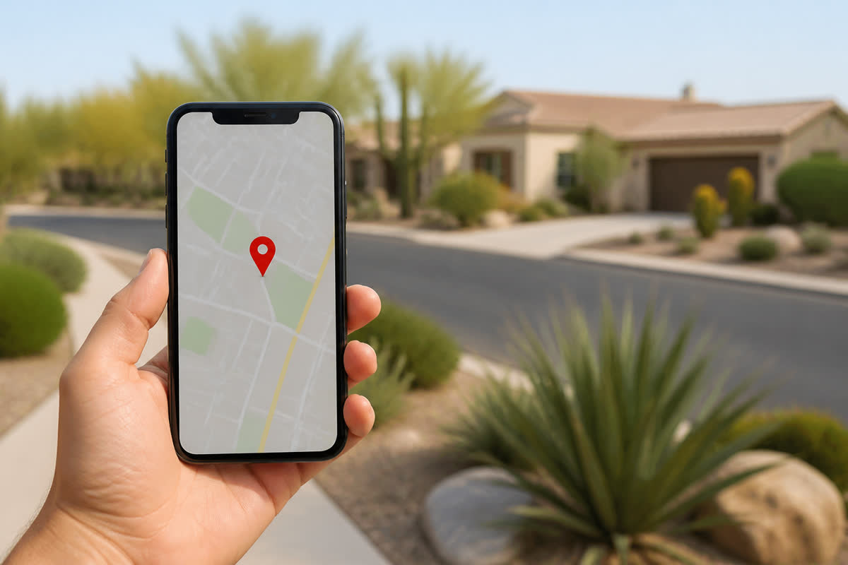 Phone showing a neighborhood map pin
