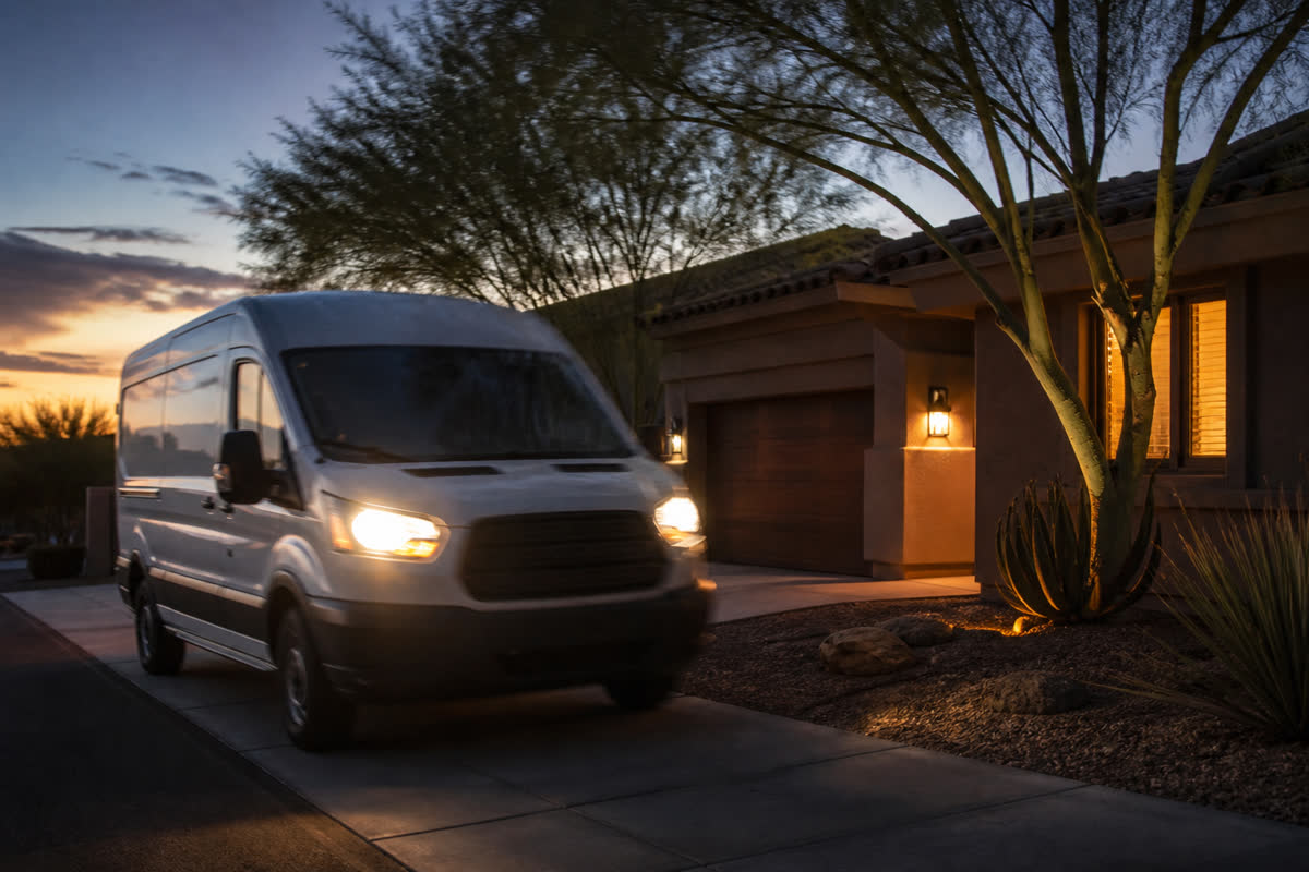 Service van arriving at dusk