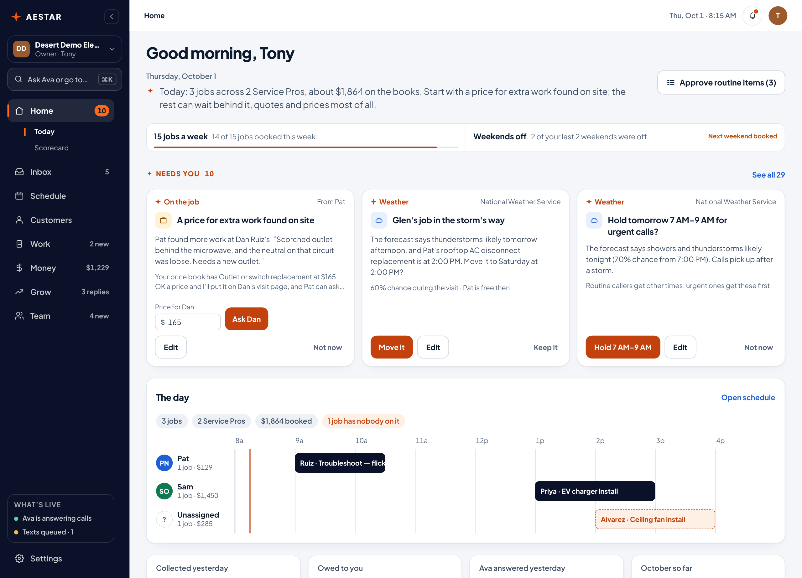The Aestar app on a computer, open on Today: Ava sums up the day in a line, then the owner's goals, three things that need an answer, each with its button, and the day's jobs by Service Pro. Example shop.