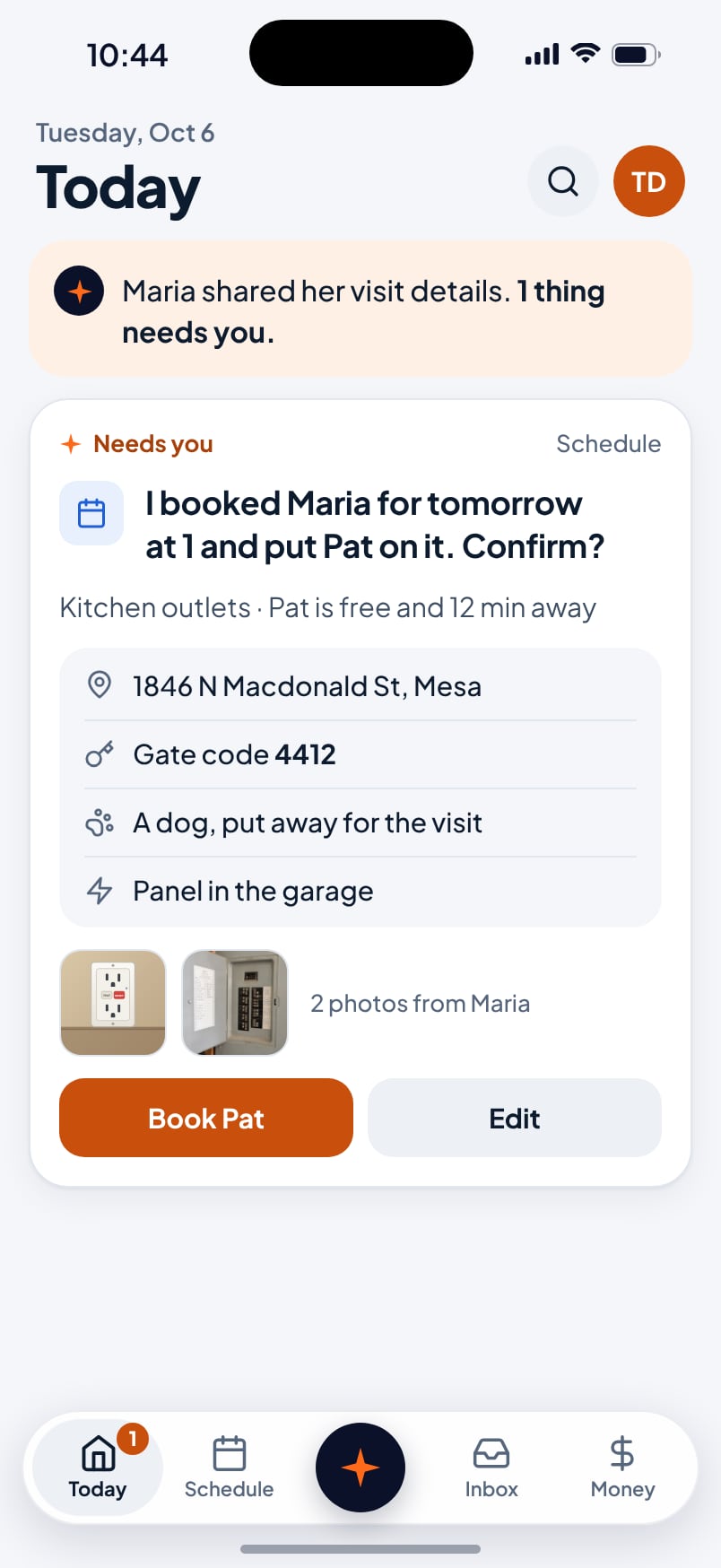 Today in the Aestar app on an iPhone: Maria shared her visit details, and Ava asks you to confirm Pat for her kitchen outlets tomorrow at 1, with her address, gate code, dog, panel and two photos. Example shop.