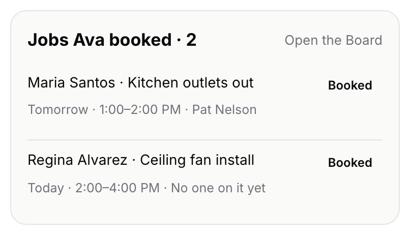 Jobs Ava booked, in the Aestar app: Maria Santos's kitchen outlets tomorrow at 1:00 PM with Pat Nelson, and Regina Alvarez's ceiling fan install today at 2:00 PM. Example shop.