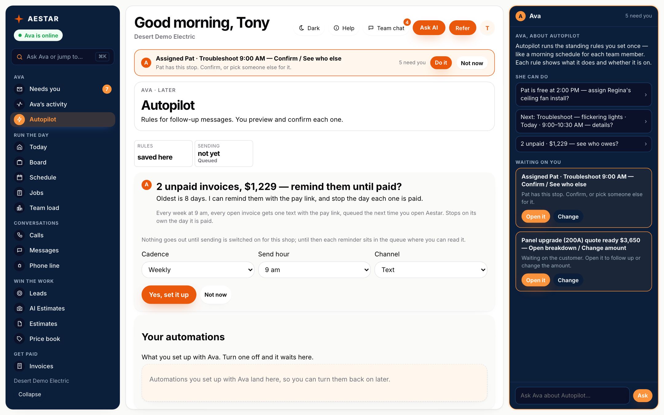The Aestar app on a computer: Autopilot, where Ava offers to remind two unpaid invoices, $1,229 in all, once a week at 9 AM until each one is paid, with Yes, set it up and Not now. Example shop.