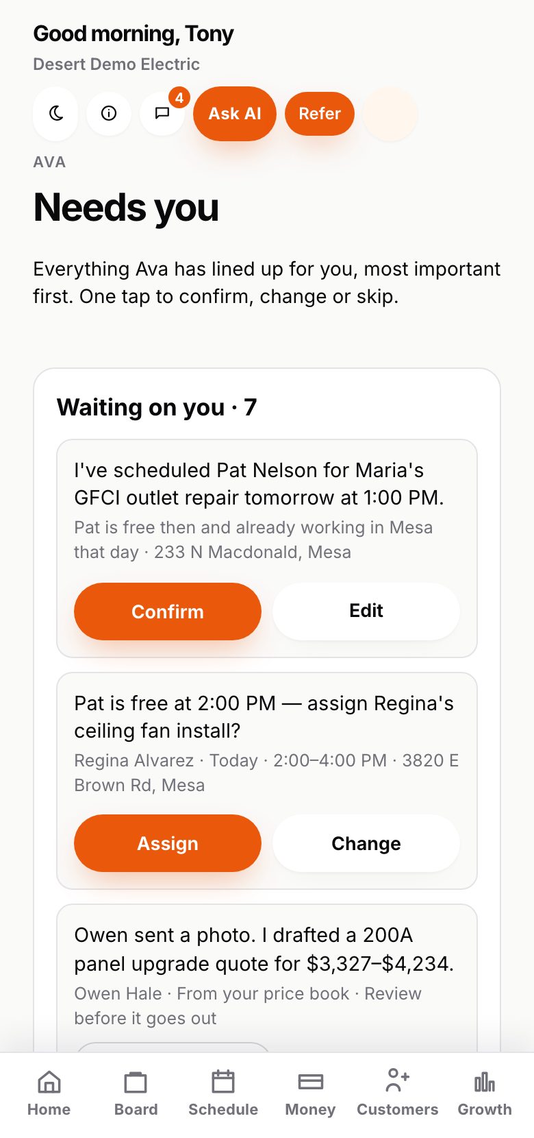 Needs you on a phone: Ava's booking for Maria to confirm, Pat free at 2:00 PM for Regina's ceiling fan install, and a panel upgrade quote Ava drafted from a photo. Example shop.