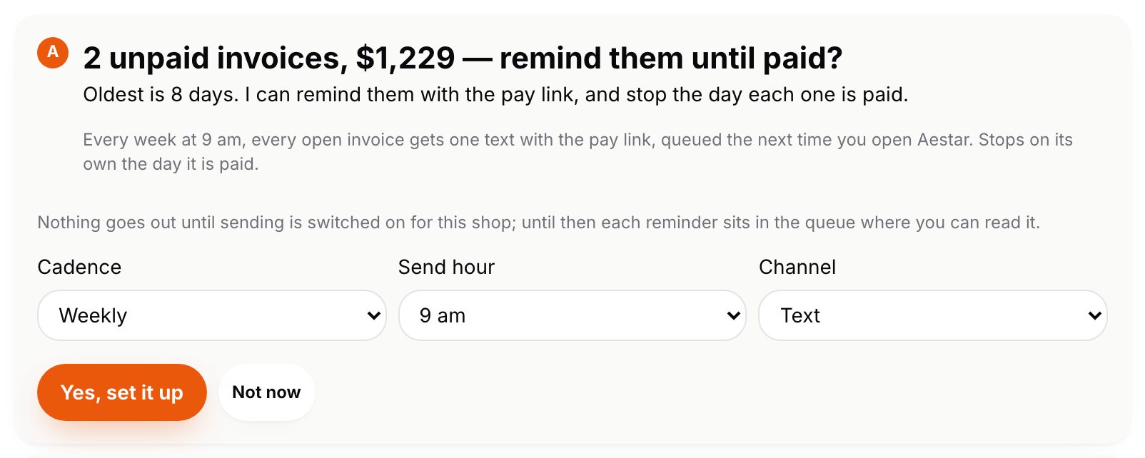 Ava's offer in the Aestar app: 2 unpaid invoices, $1,229, remind them until paid? With choices for how often, what hour and text or email, and Yes, set it up. Example shop.