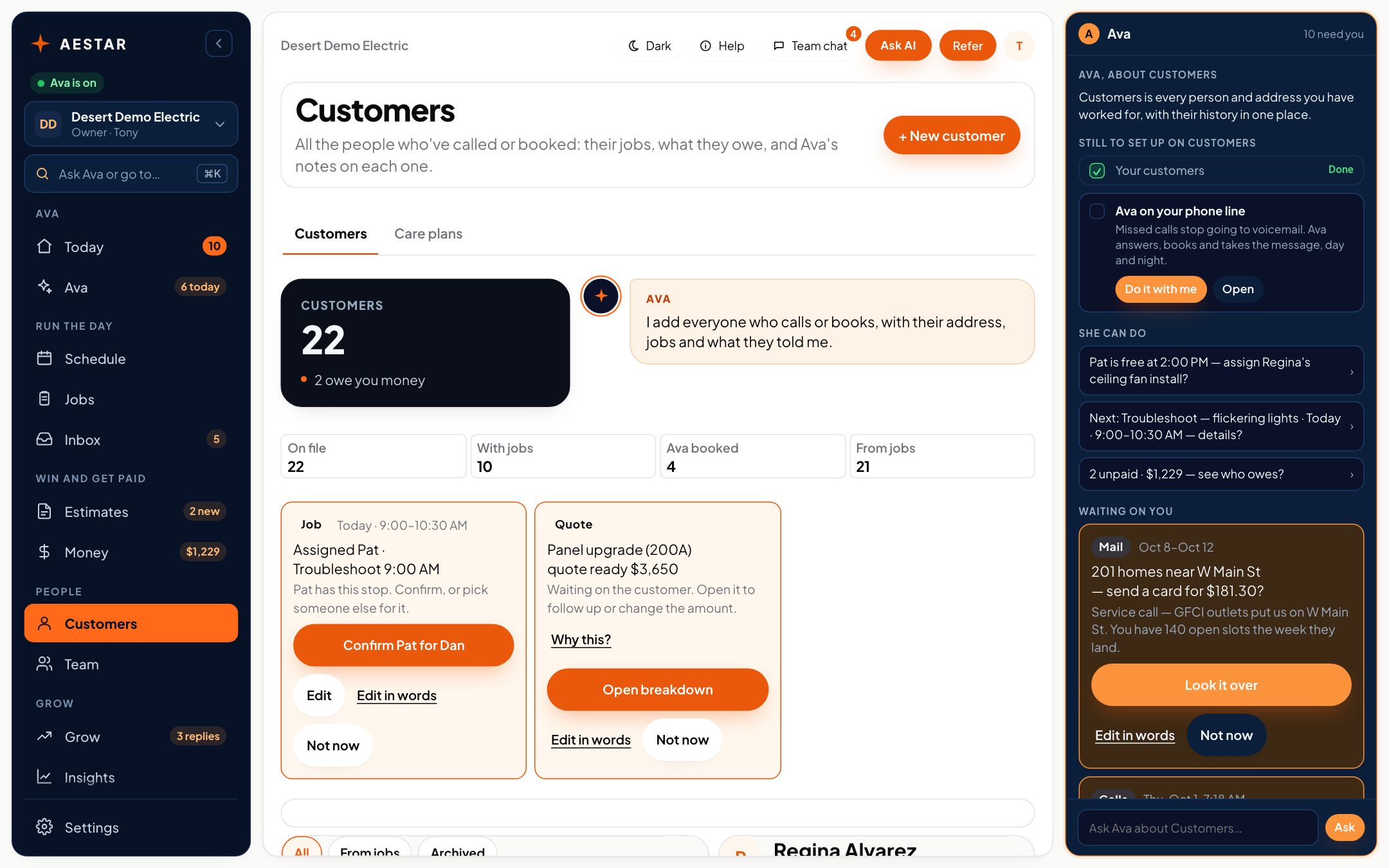 The Aestar app on a computer: Customers, with 15 on file, and Regina Alvarez open, with her address, directions and buttons to open her jobs or start an invoice. Example shop.