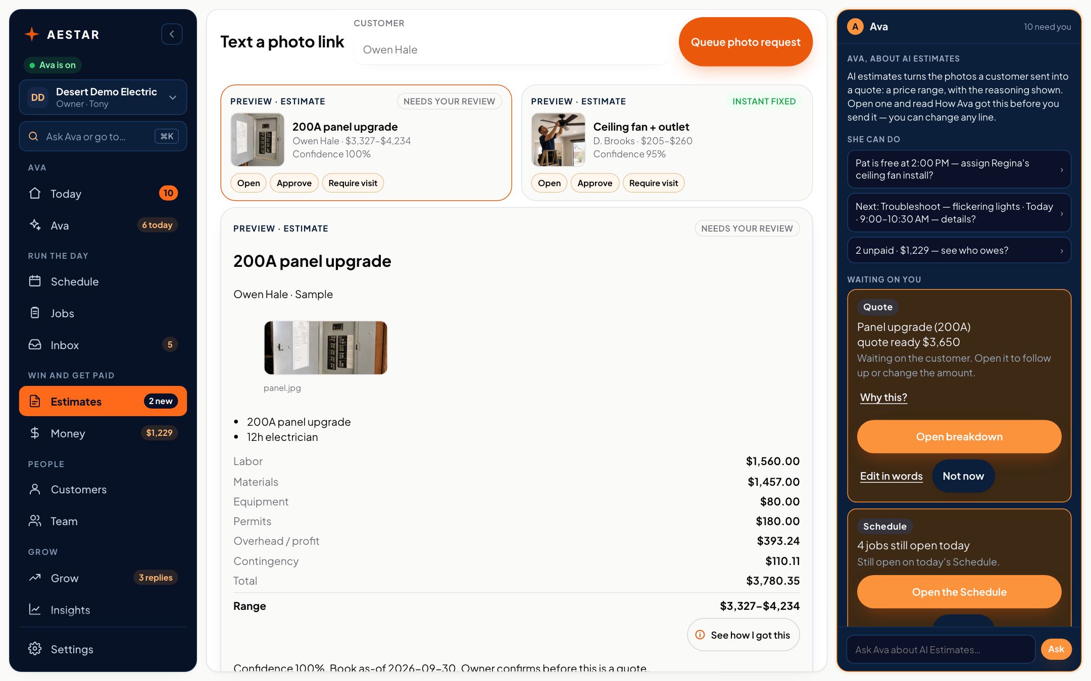 The Aestar app on a computer: AI Estimates, with Owen's panel photo priced from the price book, labor, materials, permits and a range of $3,327 to $4,234, waiting for the owner to approve. Example shop.