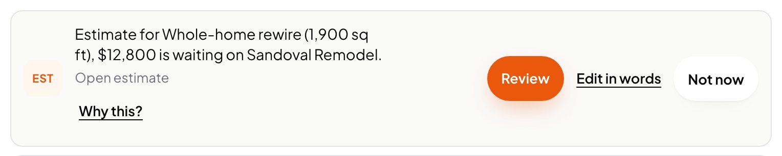 A quote in Needs you: a $12,800 whole-home rewire waiting on Sandoval Remodel, with a Review button. Example shop.