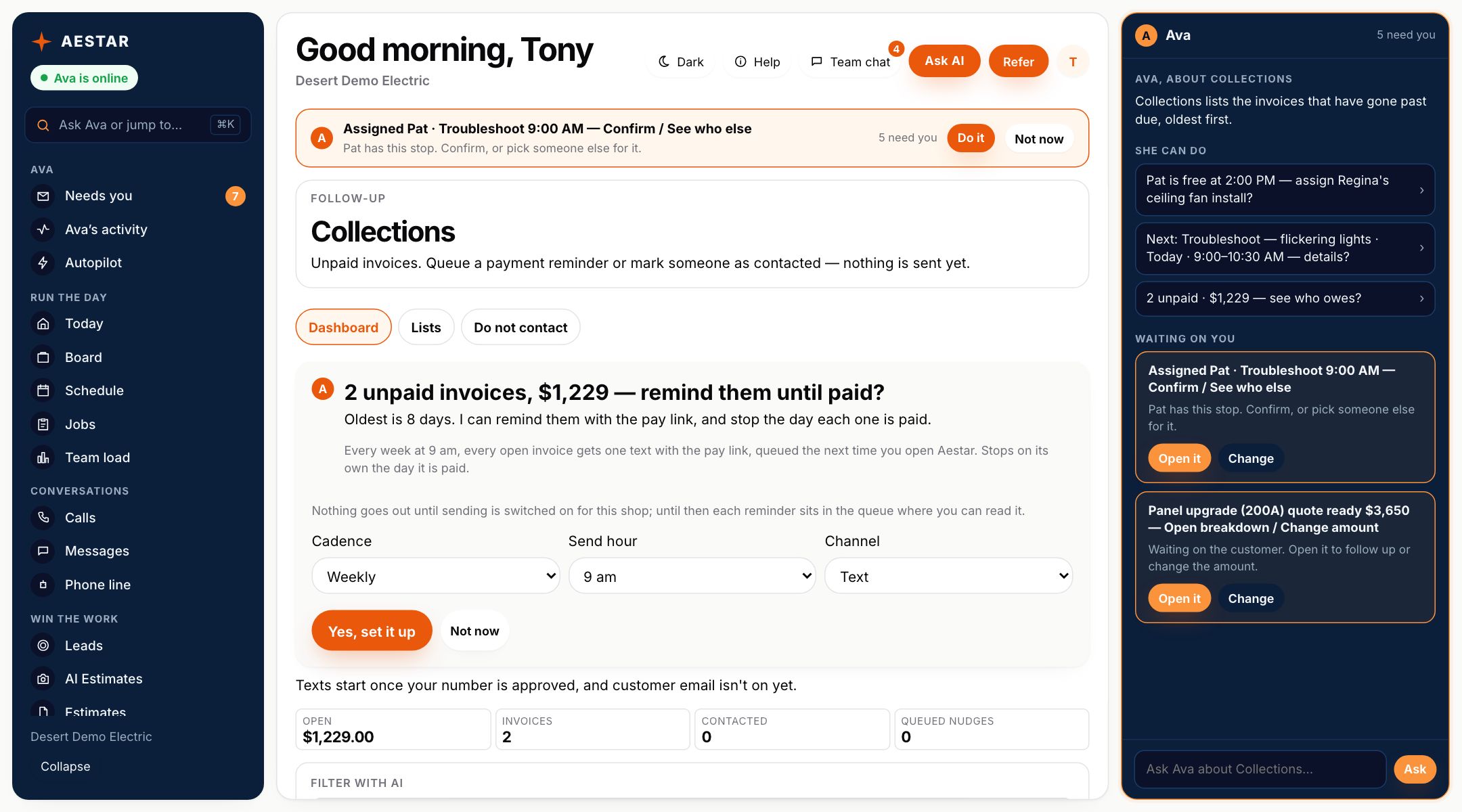 The Aestar app on a computer: Collections, where Ava offers to remind two unpaid invoices, $1,229, once a week until each is paid. Example shop.