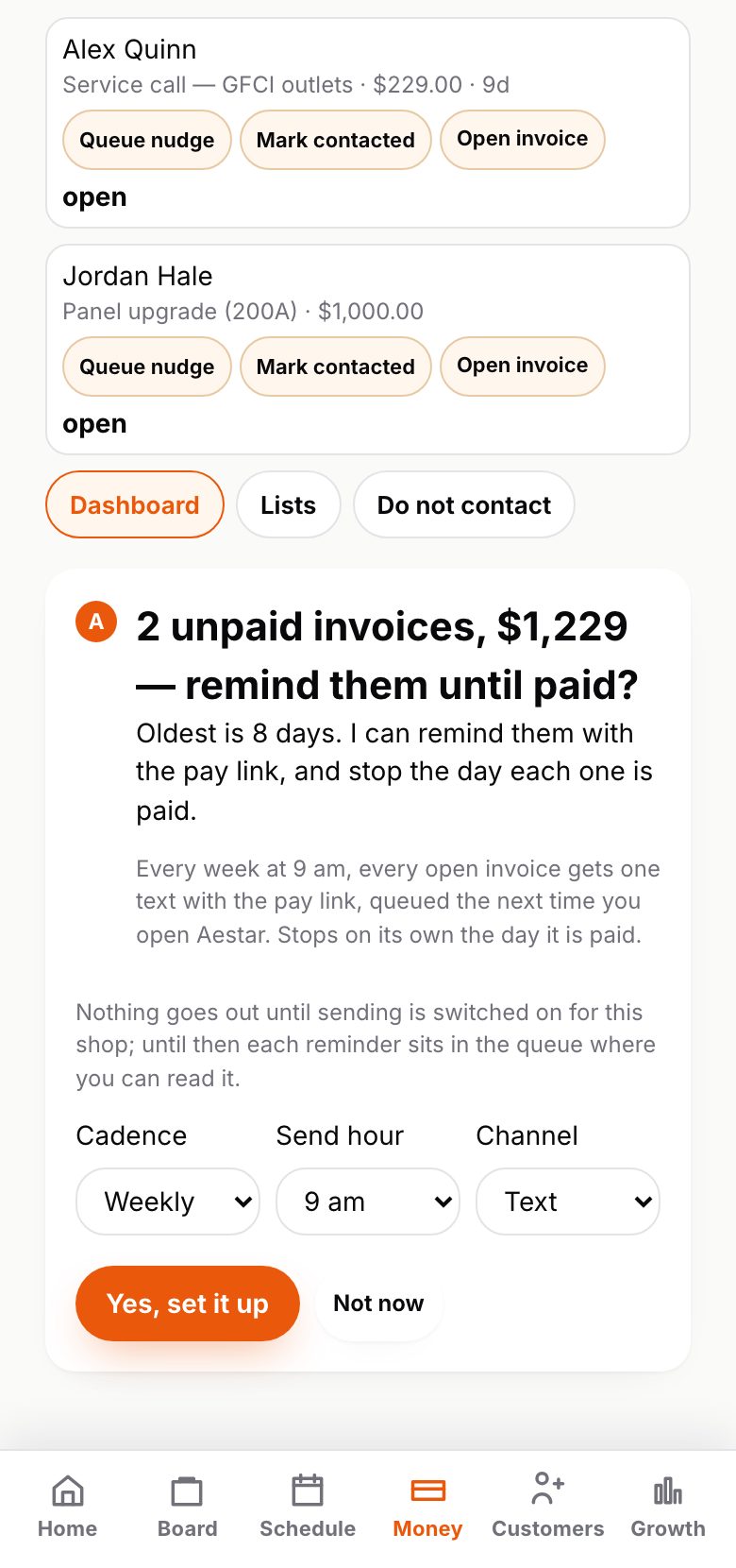 Collections on a phone: Alex Quinn owes $229 after 9 days and Jordan Hale $1,000, and Ava asks whether to remind them until they're paid. Example shop.