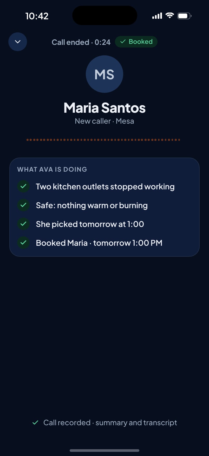 A call in the Aestar app on an iPhone: Ava booked Maria for tomorrow at 1 after checking it's safe and offering two times. Example shop.
