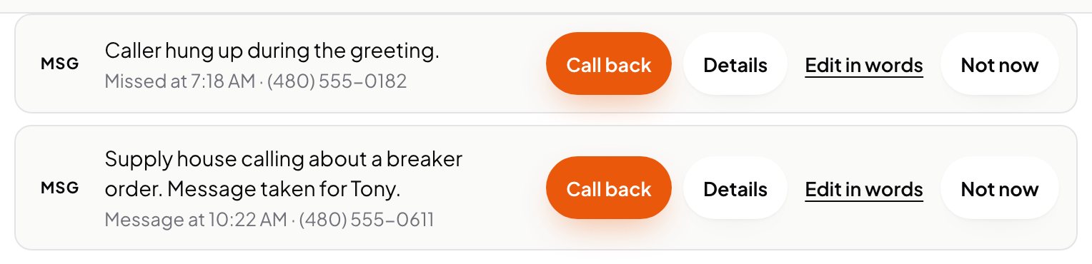 A message Ava took, in the Aestar app: a supply house calling about a breaker order, with the time, the number and a Call back button. Example shop.