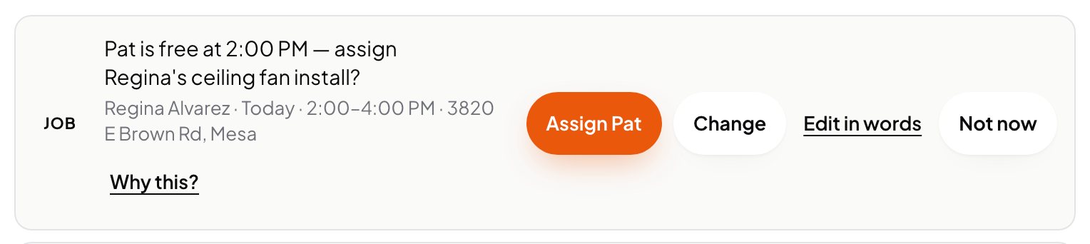 Ava's suggestion in the Aestar app: Pat is free at 2:00 PM, assign Regina's ceiling fan install? With Assign and Change buttons. Example shop.