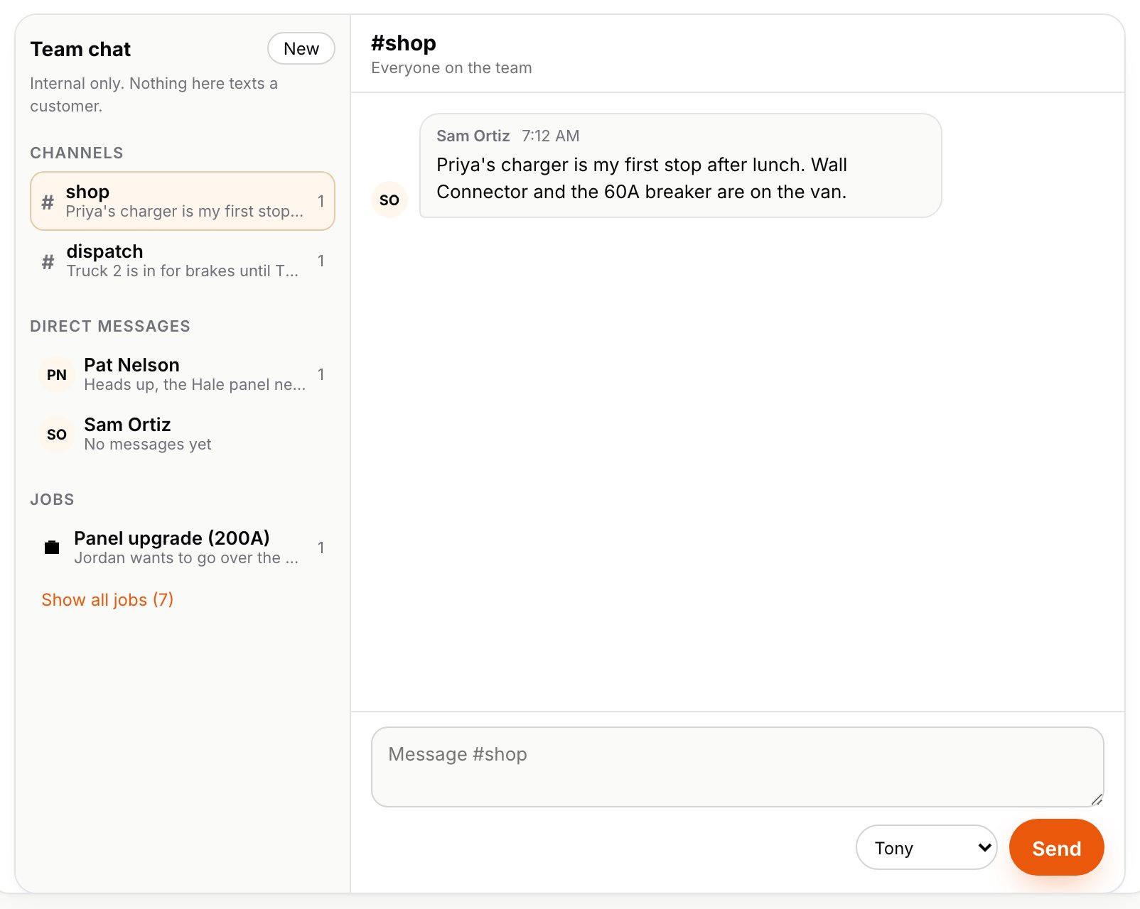 Team chat in the Aestar app: the #shop channel with Sam Ortiz's note about Priya's charger, a dispatch channel, direct messages with Pat and Sam, and a thread for the panel upgrade job. Example shop.