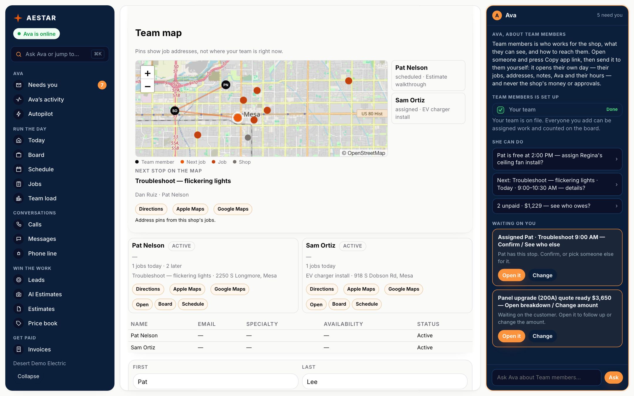 The Aestar app on a computer: Team members, with a map of today's job addresses around Mesa and a card for Pat Nelson and Sam Ortiz with their jobs. Example shop.