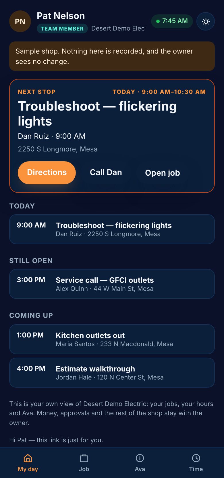Pat Nelson's own app on his phone: his next stop with directions and a Call button, and the rest of his day. Example shop.