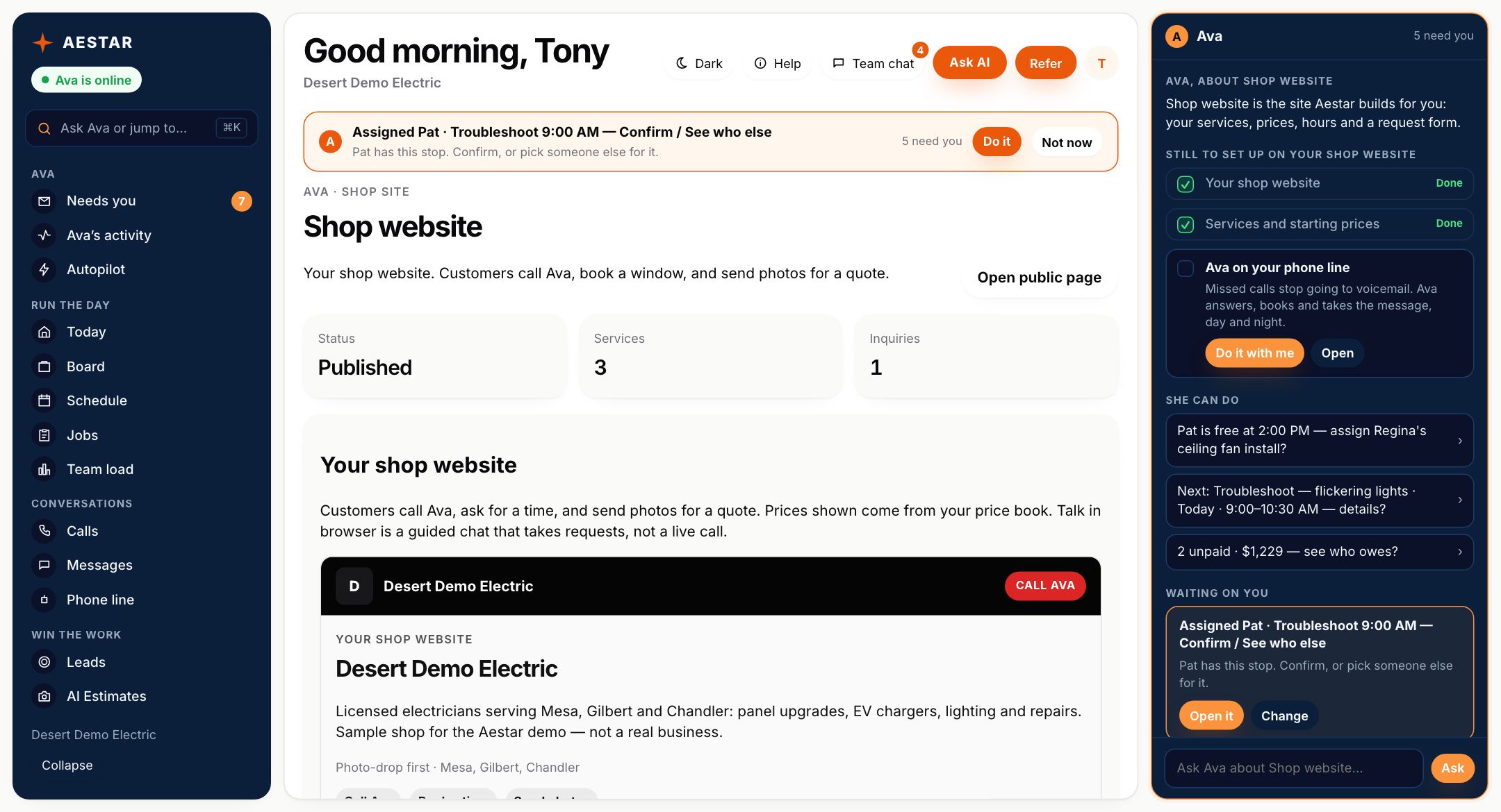 The Aestar app on a computer: Shop website, published, with a preview of the page showing the shop's services and prices. Example shop.