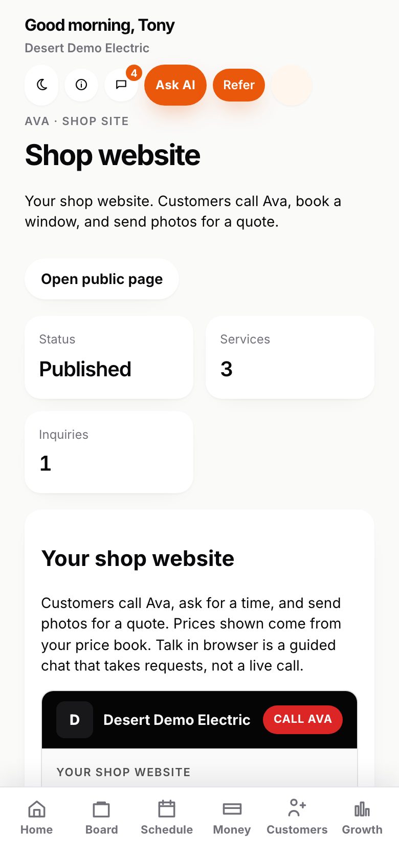 Shop website on a phone: published, three services, one request, and a preview of the shop's page. Example shop.